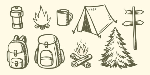 camping gear sketch collection with tent backpack campfire and evergreen tree illustration high quality professional © Dibyendu
