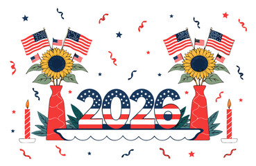 Obraz premium Colorful illustration featuring sunflowers, American flags, and candles celebrating the year 2026, with red and blue decorations for a festive patriotic atmosphere