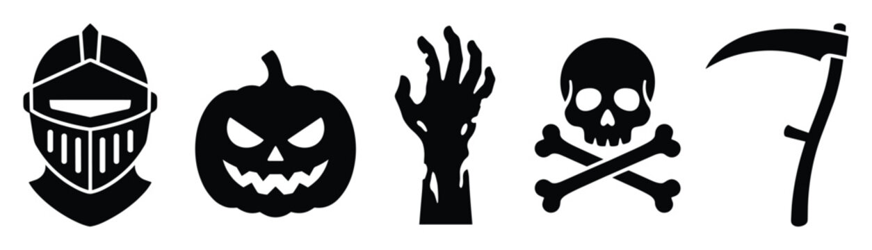 Graphic collection of traditional Halloween, horror, and medieval symbols like knight helmet, pumpkin, zombie hand, skull, and scythe for digital projects