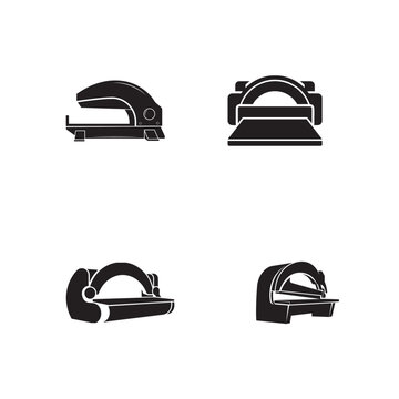 Industrial paper cutting machine silhouette icons for printing industry.