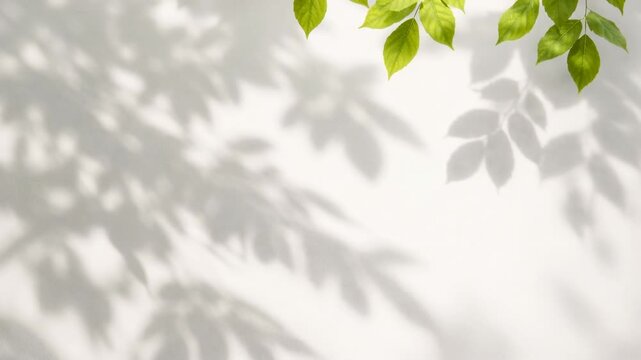 Soft leaf shadows on clean white wall with green branches, minimal natural light background calm mood
