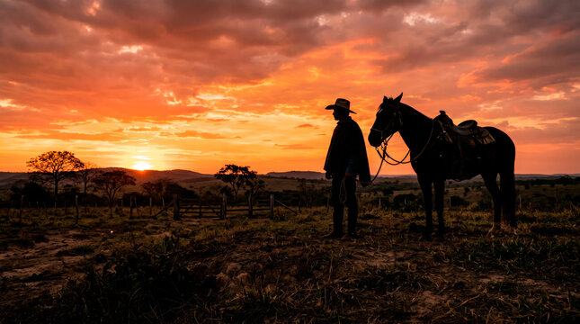 Cavalo e pe&atilde;o em silhueta ao p&ocirc;r do sol no campo