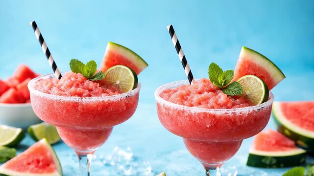 Refreshing watermelon slush cocktails with lime and mint, cold summer drink on bright sunny day