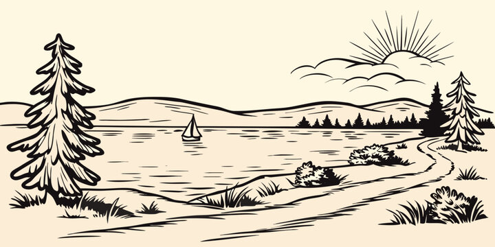 Scenic lakeside landscape with sailboat trees and mountains in black and white engraving style