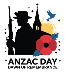Naklejka premium ANZAC Soldier Silhouette with Poppy and Church at Dawn