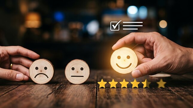 Hand holding smiling wooden disc with frowning and neutral discs and gold stars on wooden table hands