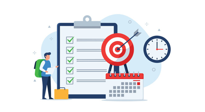 Personal goals and project planning concept featuring a person with a checklist target clock and calendar.