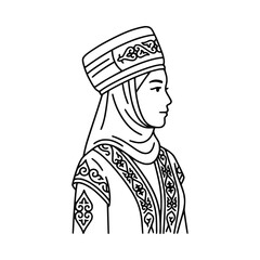 Obraz premium Woman in Traditional Uzbek Dress and Hat, Line Art Illustration