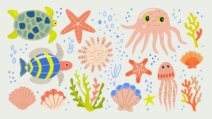 Colorful marine life illustration with turtles octopus and starfish © Uttam