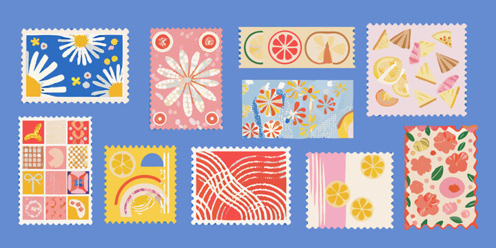 collection of colorful illustrated postage stamps with floral and fruit motifs
