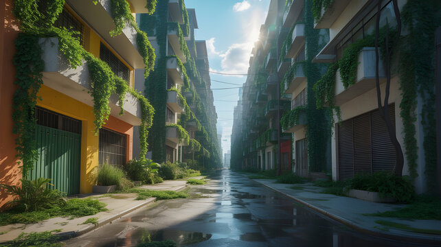 A once polluted urban street transformed into a lush green paradise, buildings covered in vertical gardens, trees growing through cracked concrete, sunlight streaming through leaves, vibrant colors
