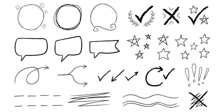 Hand drawn doodle element and sketch icon set. Isolated vector illustration of black ink circles, arrows, stars, check marks, and speech bubbles for creative design and annotation.