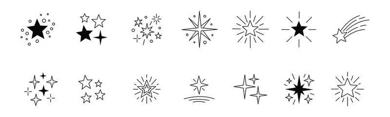 Hand drawn star and sparkle icon set. Isolated vector illustration of black line stars, shooting stars, twinkles, and glitter symbols for celestial, magic, and night sky design elements. © MdNurul