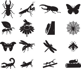 Fototapeta premium Insect and Arachnid Silhouettes with Beetle Butterfly Spider and Scorpion