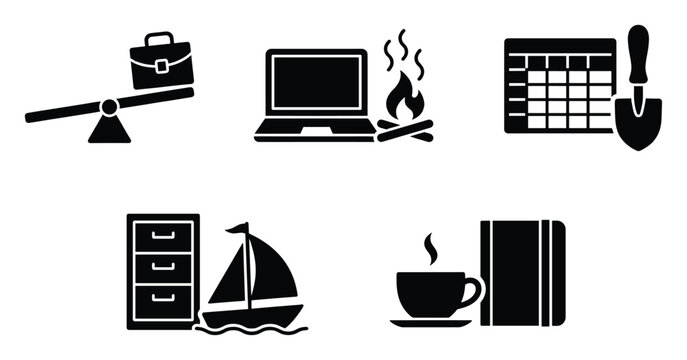 Contemporary iconography portraying career balance, flexible work, scheduling, recreation, and personal growth concepts