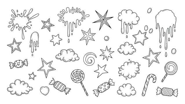Hand drawn doodle stars clouds candy splatters drips for children coloring page or fun graphic decoration