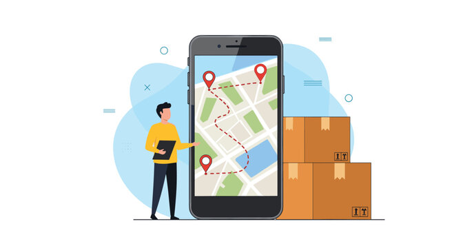 Logistics and delivery tracking concept with a man checking a map route on a giant smartphone screen.