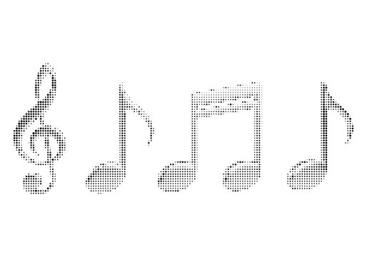Musical notes icon collection treble clef and quavers made of halftone dots set for music and sound design elements isolated on white background.