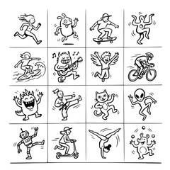 Obraz premium Diverse Cartoon Characters: Sports, Music, and Fun Activities