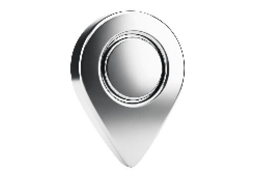 Black and white halftone dot pin icon symbolizing location map marker point for navigation and travel.