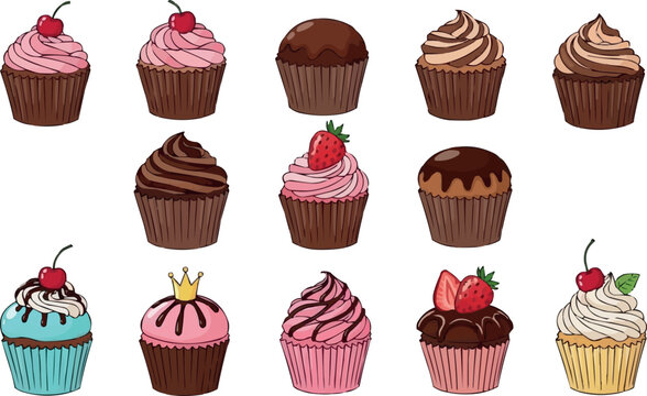 Assorted colorful cupcakes with cream frosting chocolate and fruit toppings isolated dessert vector illustration collection