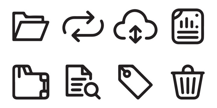 Set of business and technology interface icons including folders arrows cloud files and trash bin for web design.