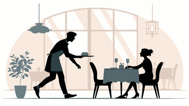 Waiter serving food to a woman sitting at a restaurant table