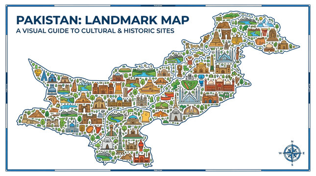 Pakistan landmark map with cities and tourist locations illustration