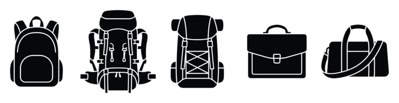 Essential bag collection silhouettes featuring various backpacks briefcases and duffels for travel and school