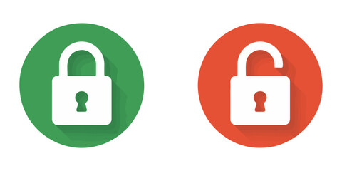 Two round padlock icons with long shadows showing locked and unlocked status in green and orange color themes. © Nayan Arts