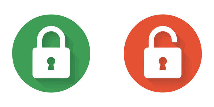 Two round padlock icons with long shadows showing locked and unlocked status in green and orange color themes.