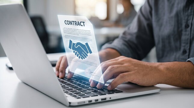 Businessman signing digital smart contract on laptop. Electronic signature and legal agreement concept. Secure online business document management and handshake icon interface.