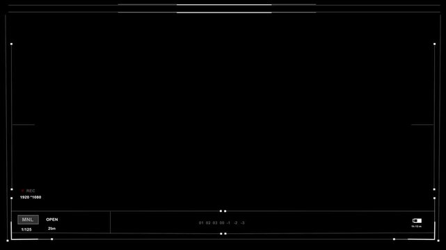 Black camera recording frame overlay focus marks, thin borders, details, clean cinematic interface. video editors, vlog intros, surveillance scenes, broadcast graphics, camera previews, film overlays.
