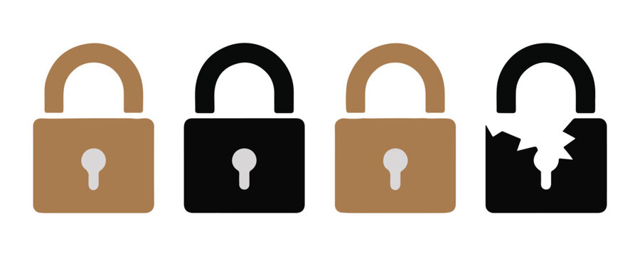 Set of vector padlock icons representing security, privacy, and a broken, compromised lock.