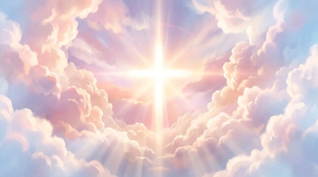 Artistic watercolor style heaven sky with holy shining cross and clouds. Divine spiritual background for christian projects. Peace and hope concept with soft painted textures and light.