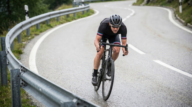 Road cyclist descending sharp mountain curve in performance gear speed endurance training racing concept on winding alpine asphalt with focus determination motion or fitness challenge