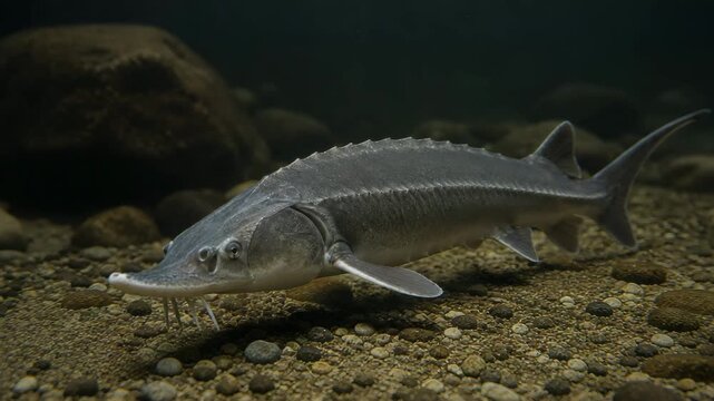 Sturgeon swimming near riverbed with stones, showing freshwater wildlife, aquatic ecosystem, fishing industry, conservation, and natural habitat in an underwater environment.