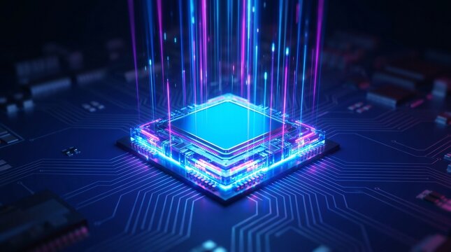 Futuristic CPU chip on motherboard with glowing neon lights. High speed data processing and powerful computer processor hardware. Cyber technology and digital circuit background concept.