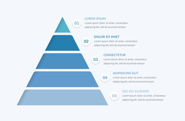 Naklejka premium Business infographic template featuring a five-level pyramid chart designed for professional presentations, data visualization, and marketing reports to show hierarchy or process steps