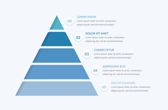 Business infographic template featuring a five-level pyramid chart designed for professional presentations, data visualization, and marketing reports to show hierarchy or process steps
