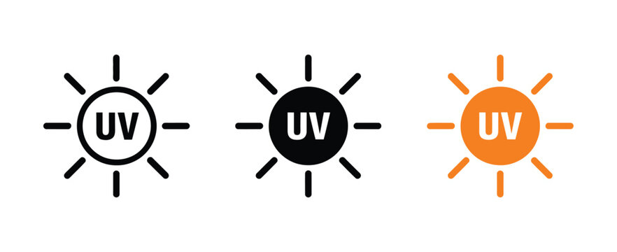 UV protection icon vector set featuring ultraviolet radiation and sun safety symbols for skincare, health, and sun protection design.