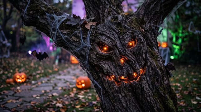 Terrifying monster face carved on a tree trunk in spooky park with glowing eyes, Halloween night background with bats and jack-o-lanterns on stone path in misty garden