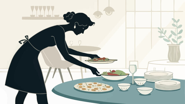 Waitress serving food on a table in a restaurant setting
