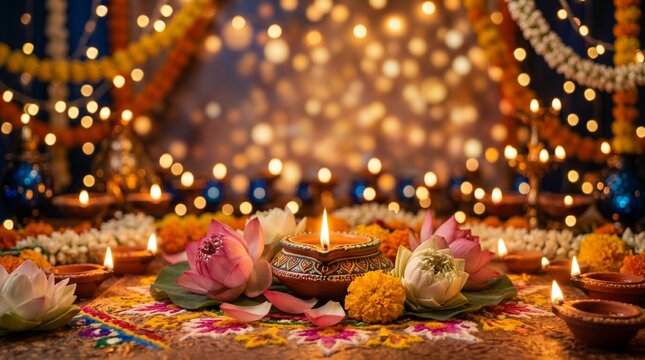 Beautiful Diwali diya arrangement with marigold flowers and lotus on rangoli background for festive card