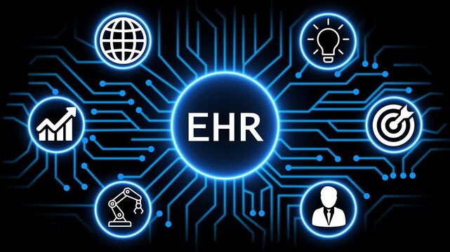 EHR concept with circuit lines and digital symbols hovering above a businessman, technology. manufacturing process management all connected in a digital circle like pattern.