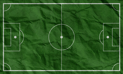 Top view of soccer field illustration on green crumpled paper texture.for football strategy layouts, tournament posters, sports news backdrops © grafcizu
