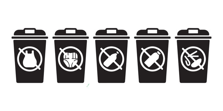 Collection of garbage bins with prohibition signs for different types of waste to promote recycling and cleanliness.