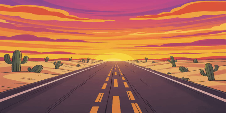 A long empty highway road stretching through the desert under a wide sky at sunset