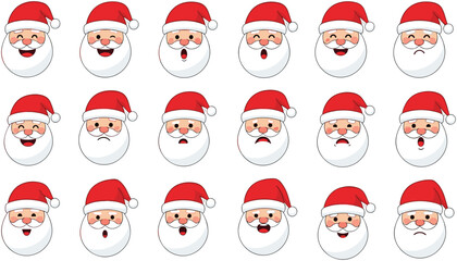 Cute cartoon Santa Claus face characters set with various facial expressions and emotions for Christmas holiday greetings, winter festive decorations, and seasonal celebrations. © Aminul
