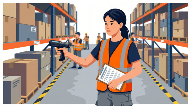 Warehouse inventory scanning with female worker using barcode reader vector illustration